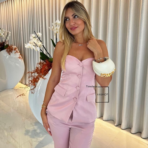 ZARA 2 PIECE SET FLARED SATIN PANTS AND BUSTIER VEST PINK - Picture 2 of 7